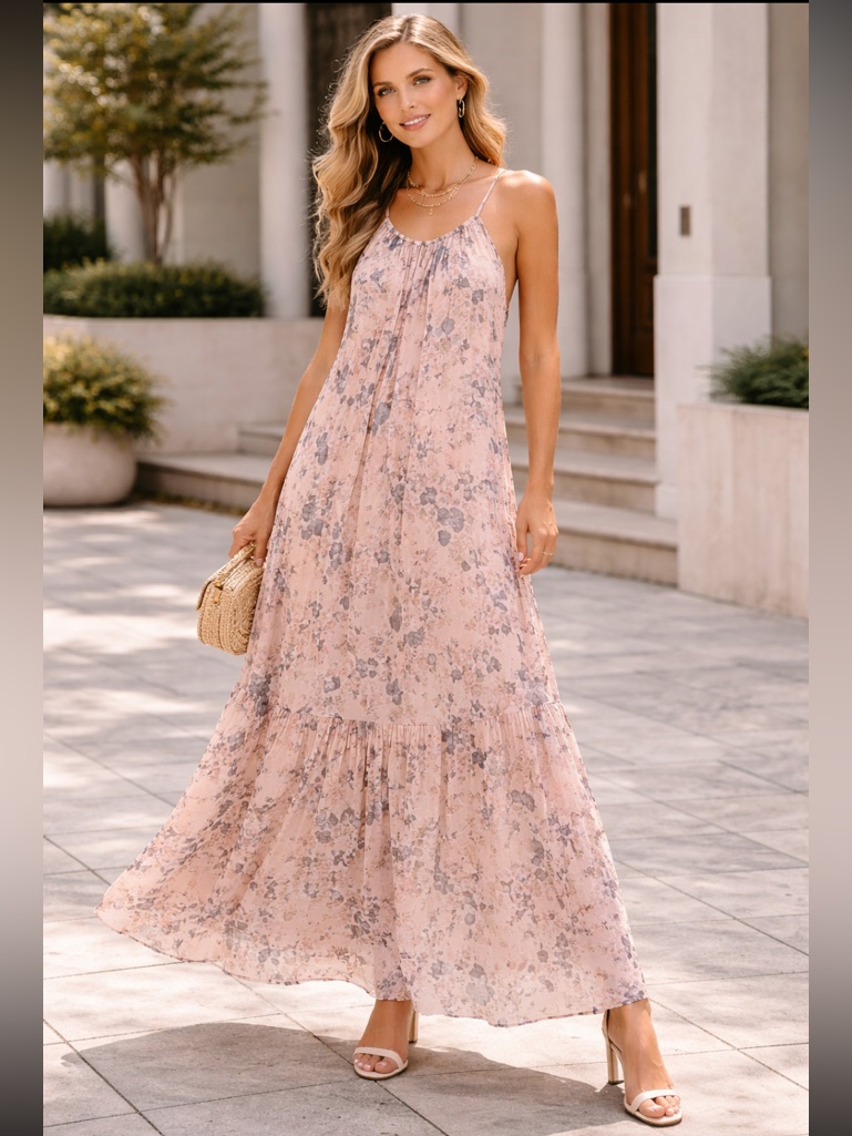 New Elena Baldi Maxi Natural Silk Blend Dress Size M